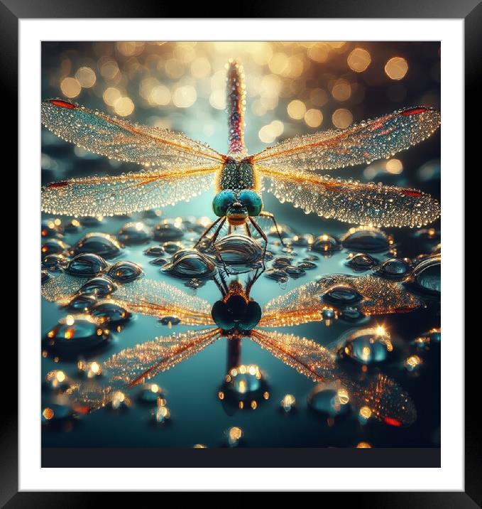 close up of a dragonfly on apond with waterdrops Framed Mounted Print by kathy white