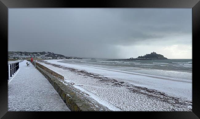 St Michaels mount Marazion Cornwall, snow hail, wind, sleet rain Framed Print by kathy white
