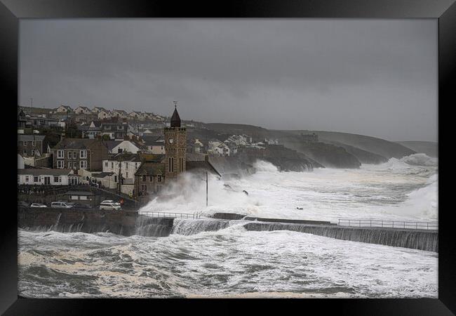 Porthleven  storm Kathleen,  Framed Print by kathy white