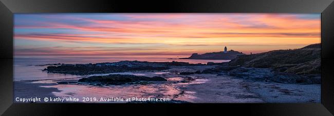 Godrevy lighthouse, at sunset Cornwall,Sunset Corn Framed Print by kathy white