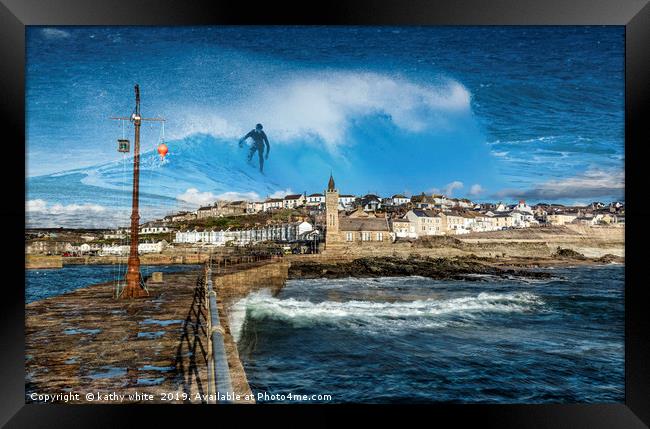 Surfing in Porthleven  in Cornwall Framed Print by kathy white