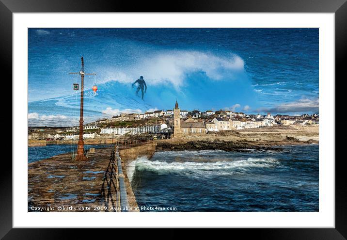Surfing in Porthleven  in Cornwall Framed Mounted Print by kathy white