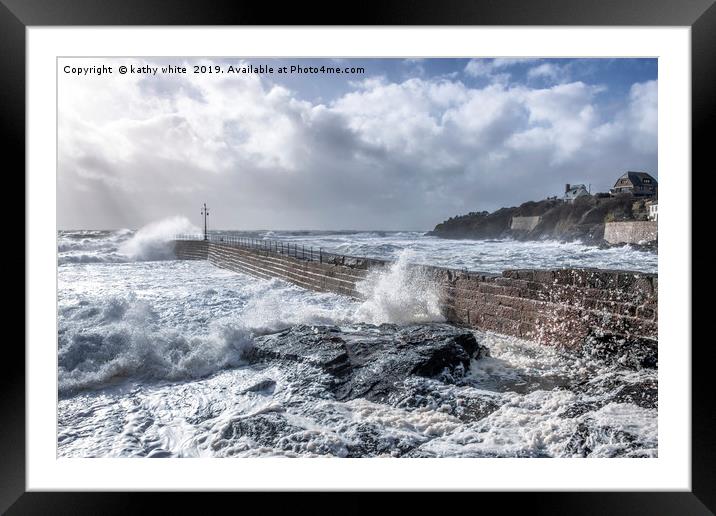 Storm Freya at Porthleven pier  Framed Mounted Print by kathy white