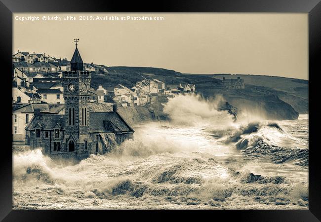 large storm  Porthleven Harbour cornwall Framed Print by kathy white