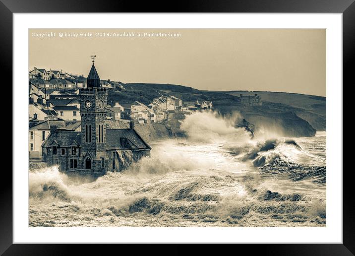 large storm  Porthleven Harbour cornwall Framed Mounted Print by kathy white