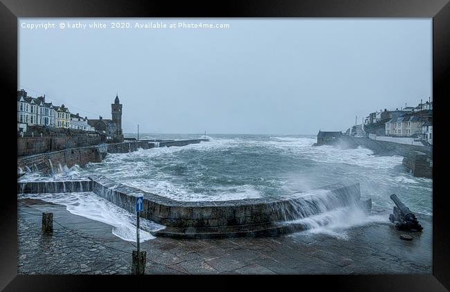 Porthleven Cornwall on a stormy day Framed Print by kathy white