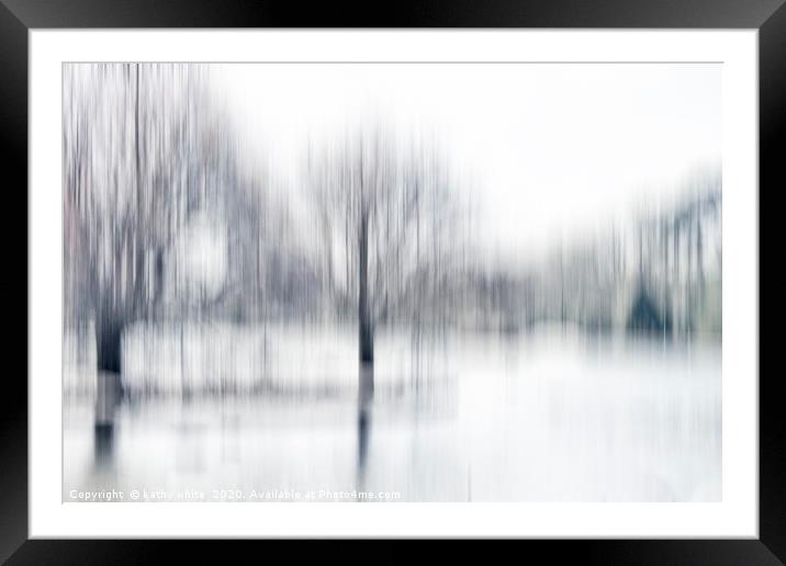 Winter at the lake Cornwall black and white abstra Framed Mounted Print by kathy white