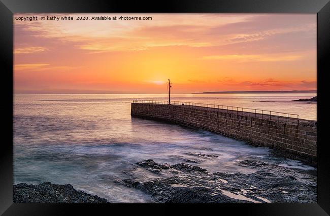 Porthleven Cornwall,red sky at night ,sunset Framed Print by kathy white
