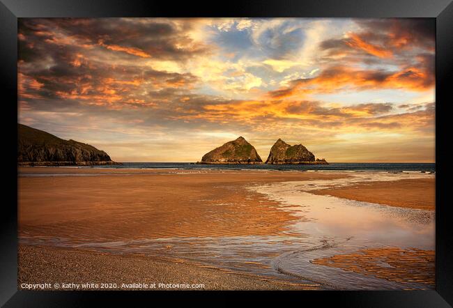 Holywell Bay Cornwall, at sunset Framed Print by kathy white