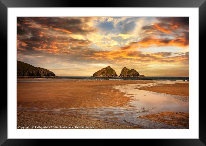 Holywell Bay Cornwall, at sunset Framed Mounted Print by kathy white