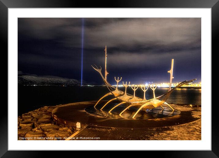 Imagine Peace Tower;with  Sun Voyager,Iceland Framed Mounted Print by kathy white