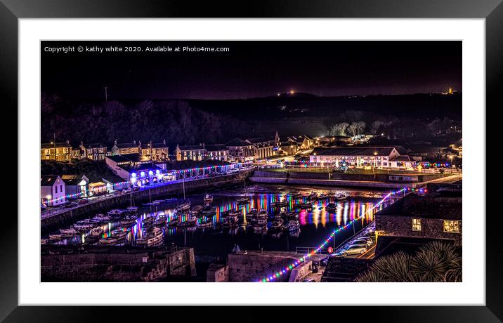 Porthleven  Cornwall Christmas light,at Porthleven Framed Mounted Print by kathy white