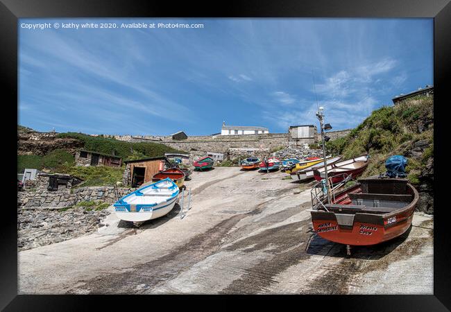 Cape Cornwall seascapes,boat in the harbour Framed Print by kathy white