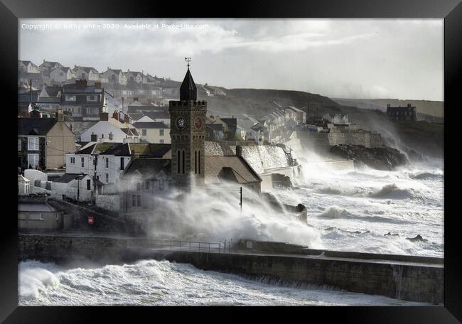 Stormy Seas in Porthleven Framed Print by kathy white