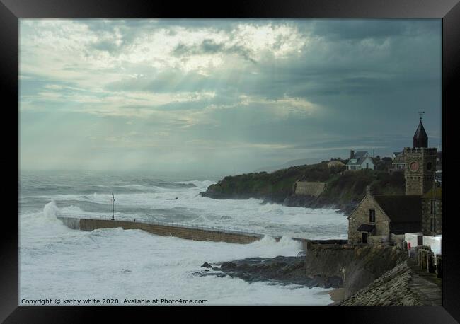 Porthleven Cornwall with the clock tower and storm Framed Print by kathy white