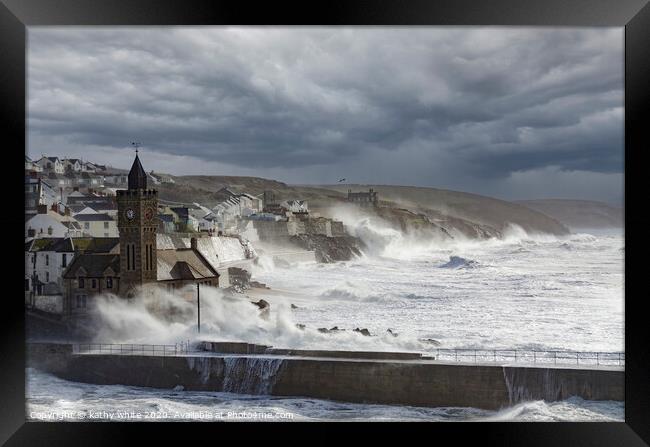 Porthleven harbour with Clock tower,Storm Framed Print by kathy white