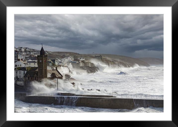 Porthleven harbour with Clock tower,Storm Framed Mounted Print by kathy white