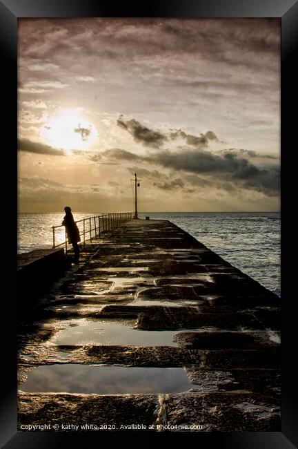 still waiting,Porthleven-Pier watching the tide Framed Print by kathy white