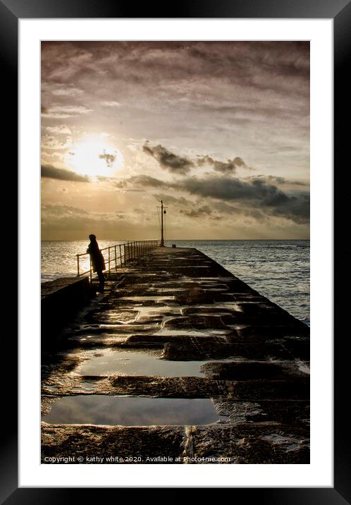 still waiting,Porthleven-Pier watching the tide Framed Mounted Print by kathy white