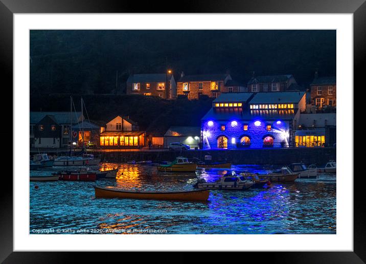 Porthleven Lights at Christmas Framed Mounted Print by kathy white