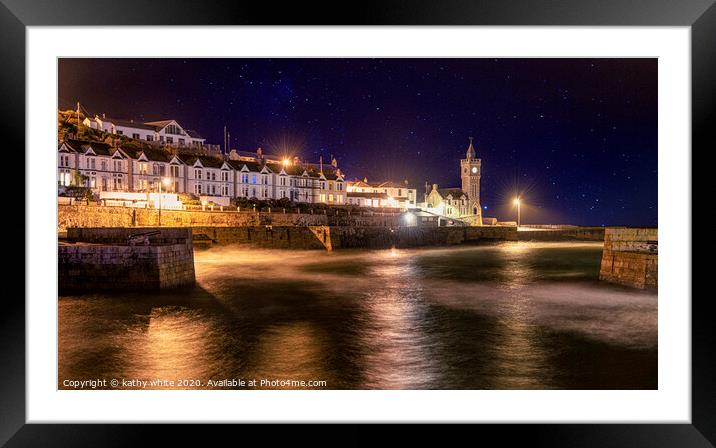  Porthleven Cornwall at night with clock tower Framed Mounted Print by kathy white