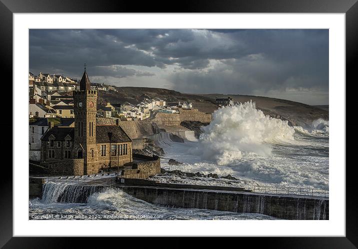 Porthleven storm  with Clock tower,rough seas Framed Mounted Print by kathy white