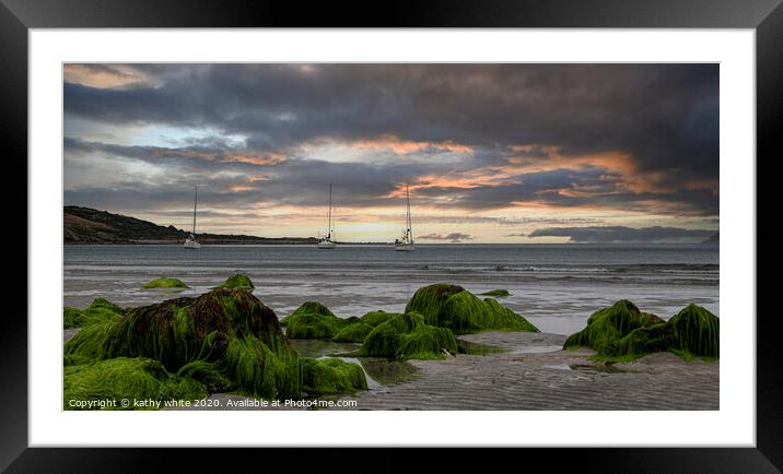 Coverack Cornwall  at sunset,yacht at sunset, Framed Mounted Print by kathy white