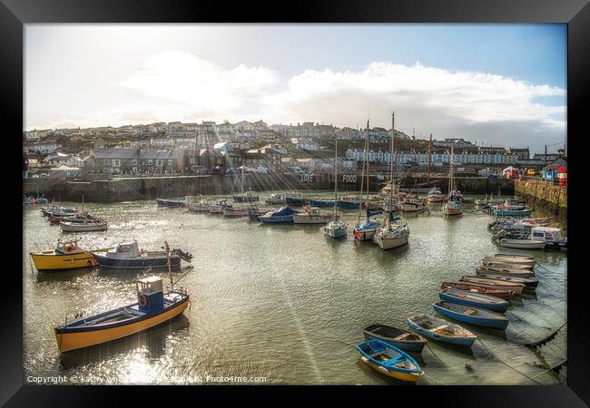  Porthleven Cornwall  with boats in the harbour Framed Print by kathy white