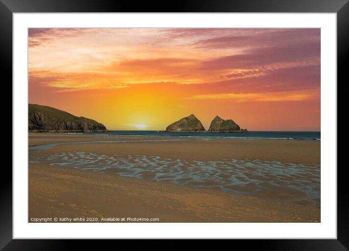 Gull Rocks Holywell, Bay,North Cornwall at sunset  Framed Mounted Print by kathy white