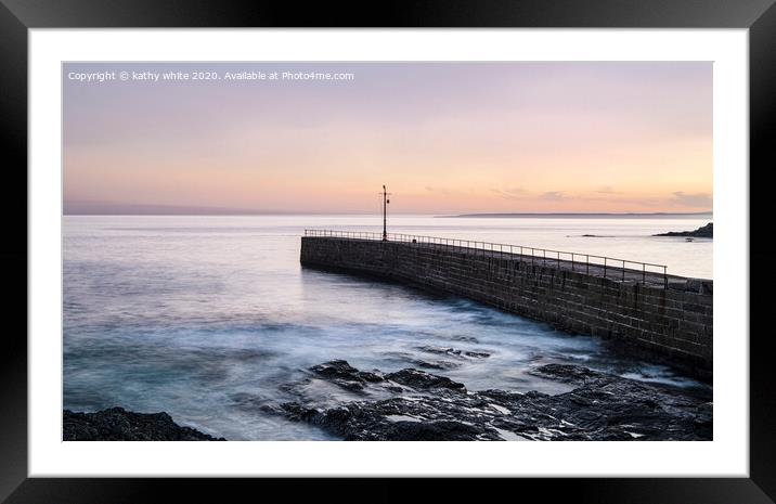 Porthleven red sky at night Framed Mounted Print by kathy white
