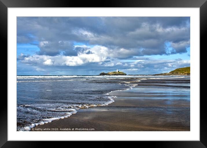 Godrevy beach with lighthouse Framed Mounted Print by kathy white