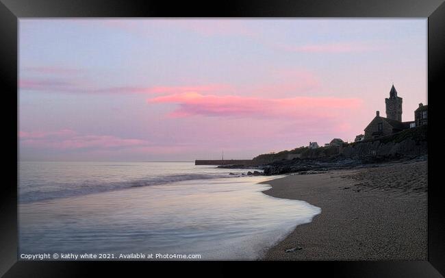 Porthleven Harbour  Cornwall, with pink sky,Sunset Framed Print by kathy white