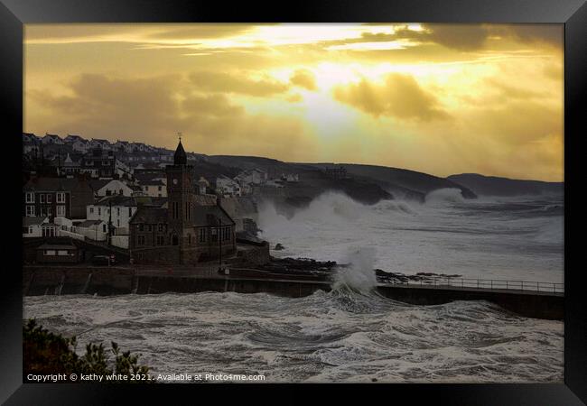 Porthleven  harbour Cornwall,  evening storm  Framed Print by kathy white