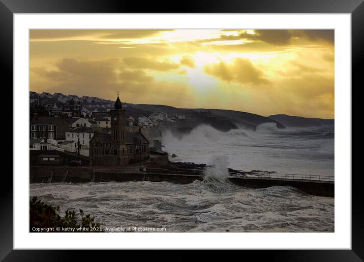Porthleven  harbour Cornwall,  evening storm  Framed Mounted Print by kathy white