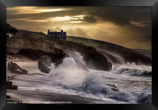 Porthleven, Harbour  Cornwall, Storm At sunset, Framed Print by kathy white