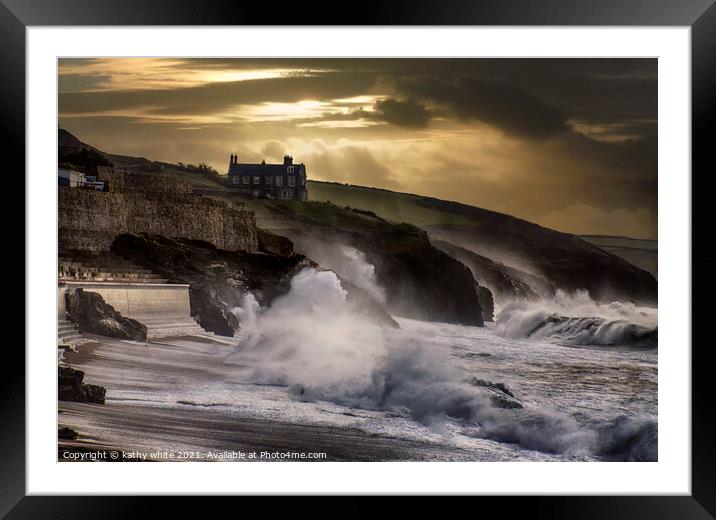 Porthleven, Harbour  Cornwall, Storm At sunset, Framed Mounted Print by kathy white