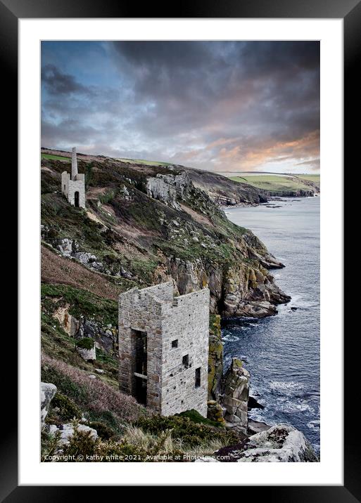 Porthleven, cliff with old tin mines, Cornwall Framed Mounted Print by kathy white