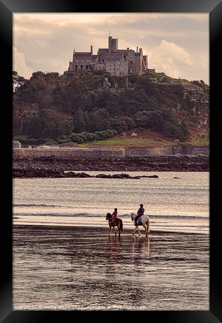 St Michaels mount Cornwall with horses, Framed Print by kathy white