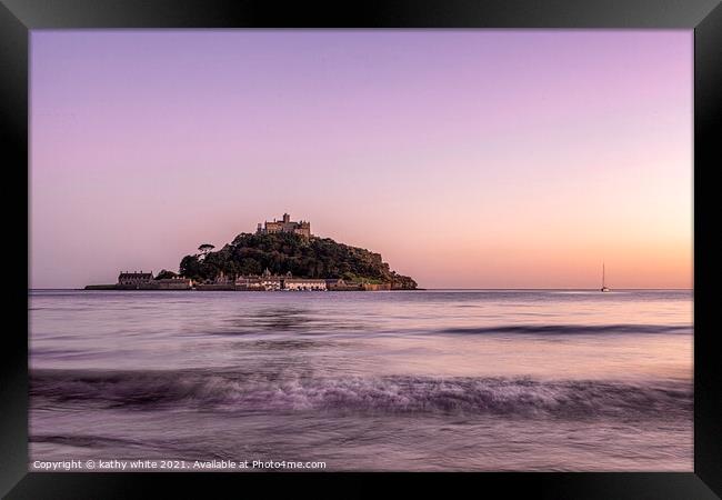 St Michaels mount Cornwall pink sky and calm cornw Framed Print by kathy white