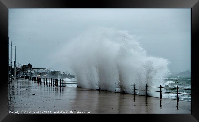 Wall of water Penzance Cornwall  stormy scene Framed Print by kathy white