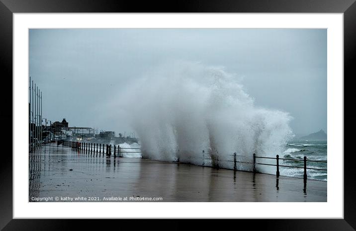 Wall of water Penzance Cornwall  stormy scene Framed Mounted Print by kathy white