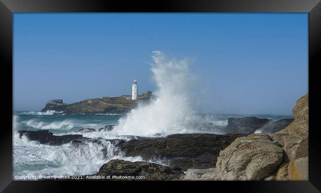 Godrev Lighthouse,Cornish beach  Framed Print by kathy white