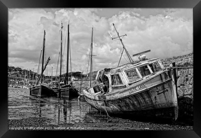 Newlyn ,Cornwall old fishing boat,black and white, Framed Print by kathy white