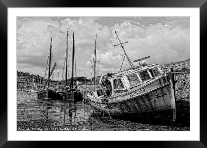 Newlyn ,Cornwall old fishing boat,black and white, Framed Mounted Print by kathy white