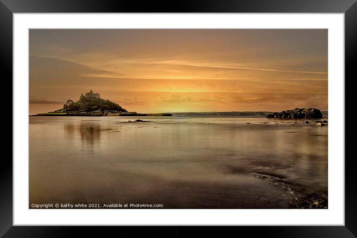 St Michaels, mount Cornwall,  sunset Framed Mounted Print by kathy white