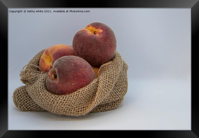 Peaches, ripe in a hessian bag,fresh fruit, Framed Print by kathy white