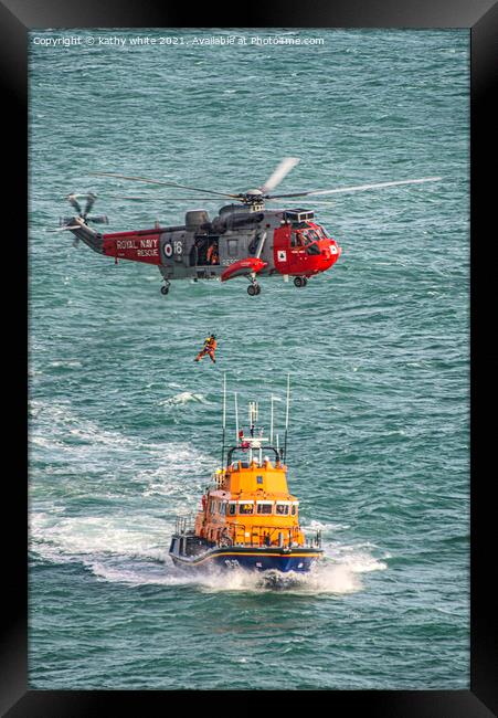  Lizard Lifeboat with the rescue helicopter Framed Print by kathy white