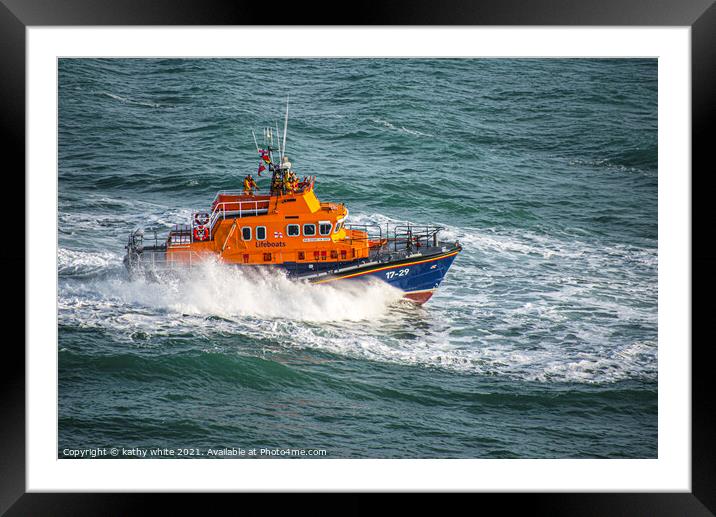 Lifeboat , Lifeboat stormy sea Cornwall,RNLI, Framed Mounted Print by kathy white