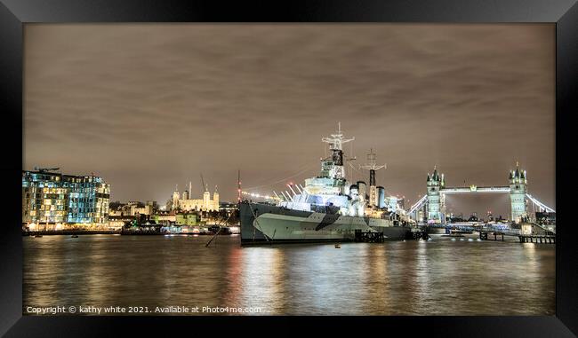 The HMS Belfast and Tower Bridge on the Thames. Framed Print by kathy white