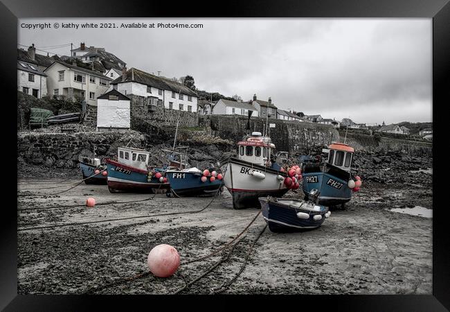 Coverack Cornwall at low tide,fishermans  Framed Print by kathy white